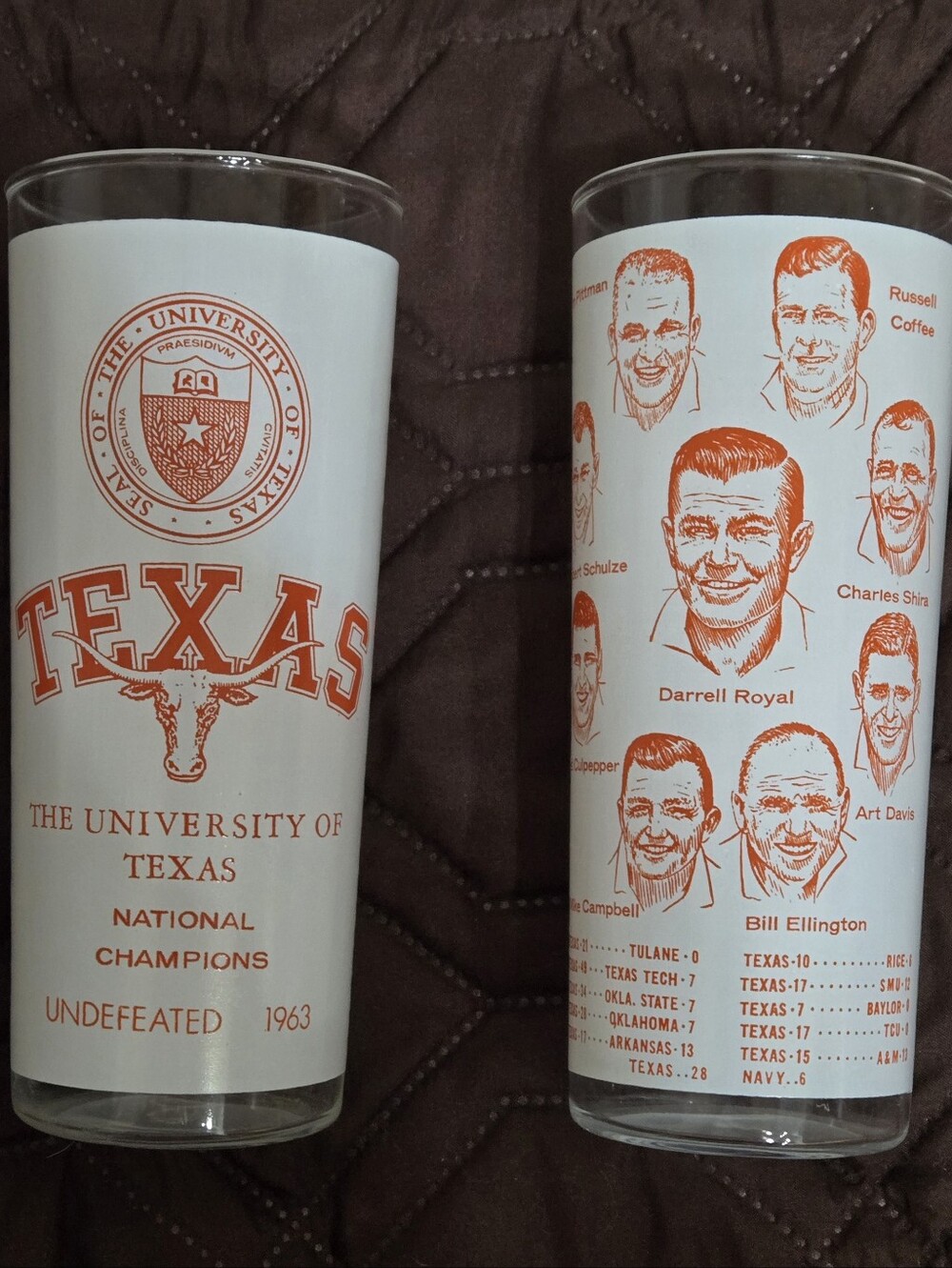 University of Texas 1963 Drinking Glasses set of 2, VTG, Darrell Royal Hook'em